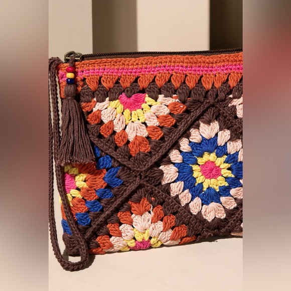 Crochet Handmade brown beaded beaded boho bohemian zip clutch purse tote - Picture 4 of 7